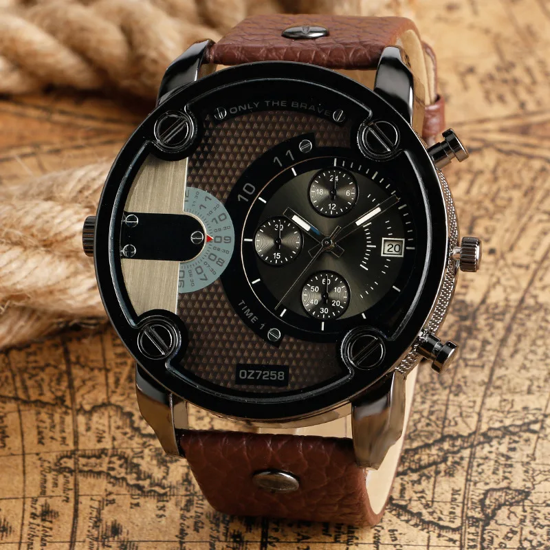 

2021 Fashion Multiple Time Zone Watch Men Military Sports Watches Leather Strap Quartz Wristwatches Montre Homme Reloj Hombre