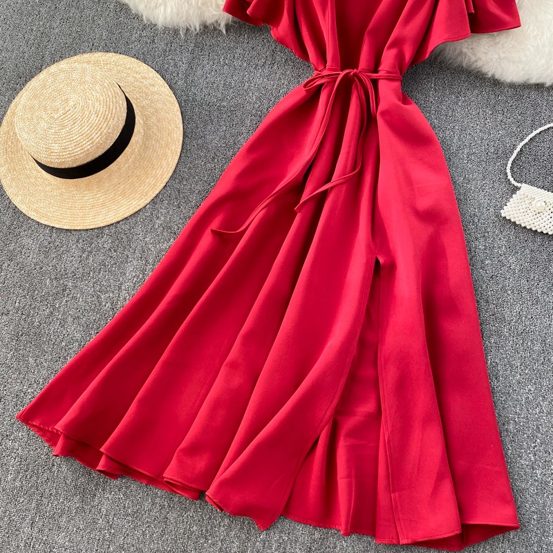 

Vintage Off Shoulder Short Sleeve Women's Midi Dress Elegant O-Neck Ruffle High Waist Party Vestidos Female Slim Robe Fashion