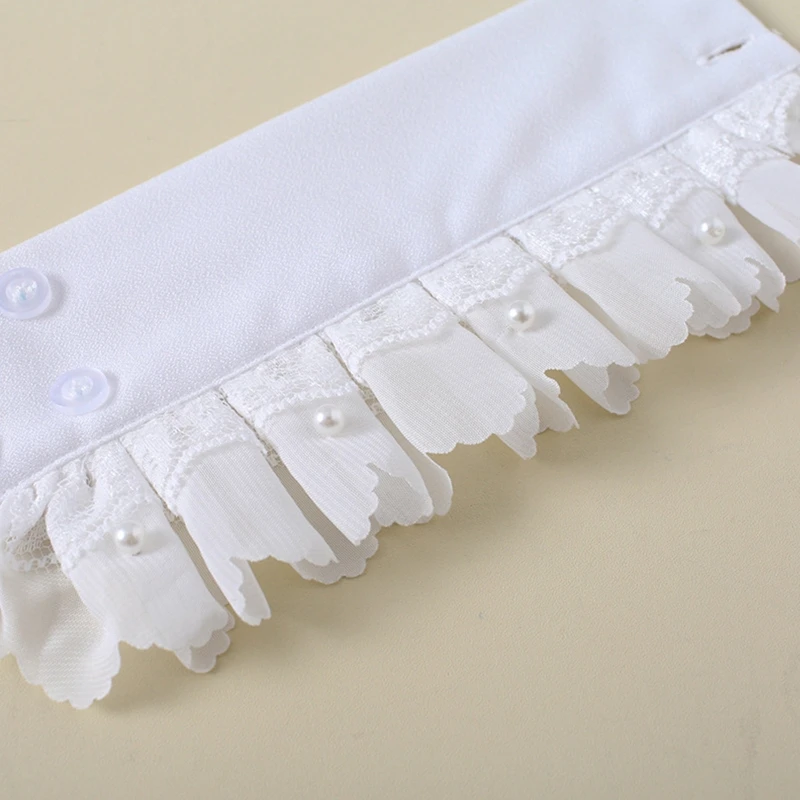 

Women Double Layer Chiffon Horn Cuff Ruffled Lace Pearl Beading False Sleeves N7MF