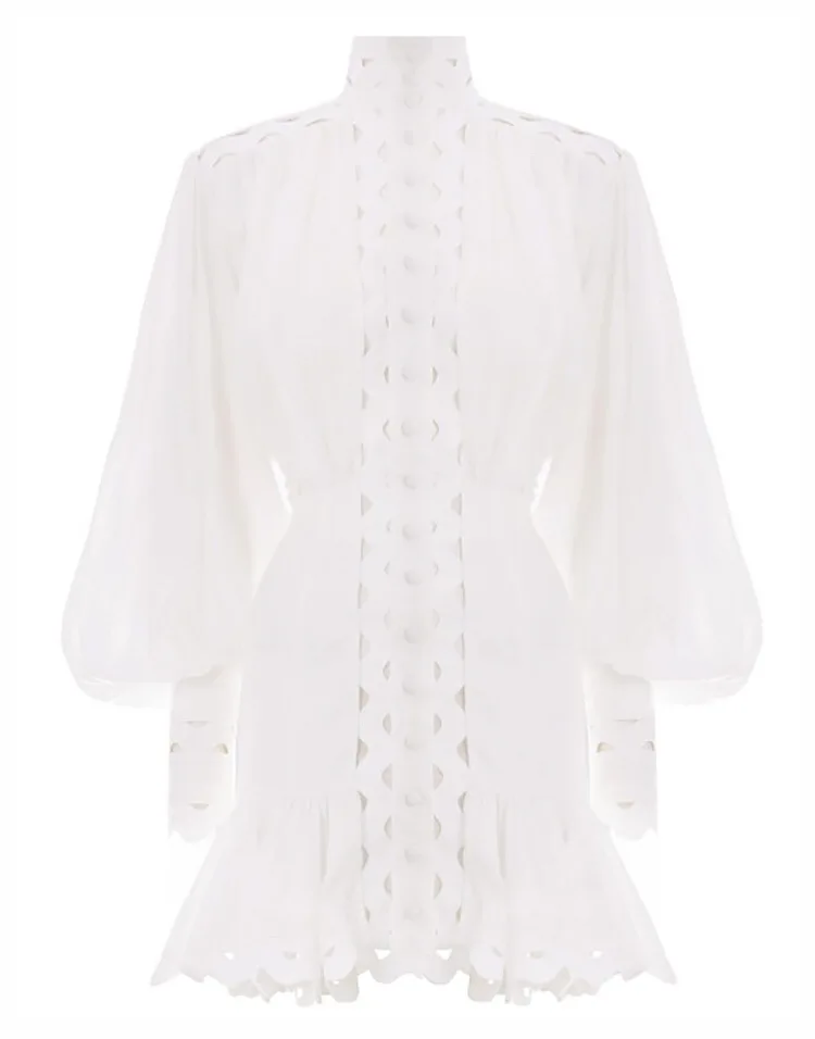 

Retro Palace Lantern Sleeve Dress holiday wind cutaway collar hollow embroidery flounce waist applique fish tail dress