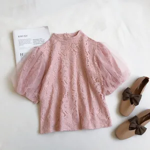 Женская кружевная блузка, белая блузка составного кроя с коротким рукавом, лето 2020, AB1864