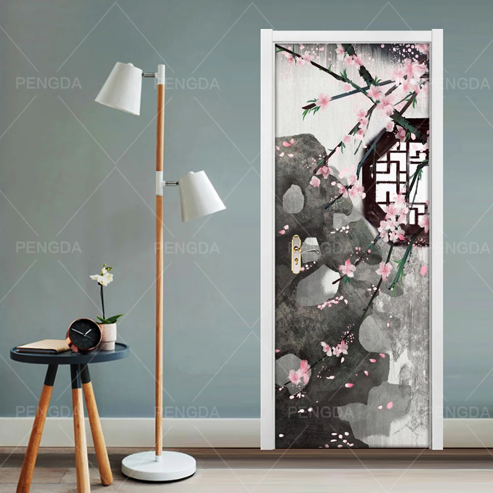 Печатная 3D дверь самоклеющаяся наклейка двора сливы цветок картина постер
