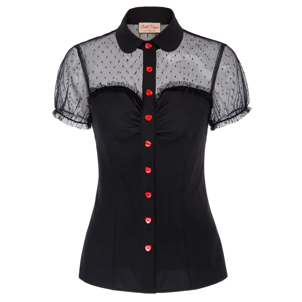 

BP Womens Sexy Mesh Short Sleeve Sheer See Through Blouse Collar Patchwork Tops