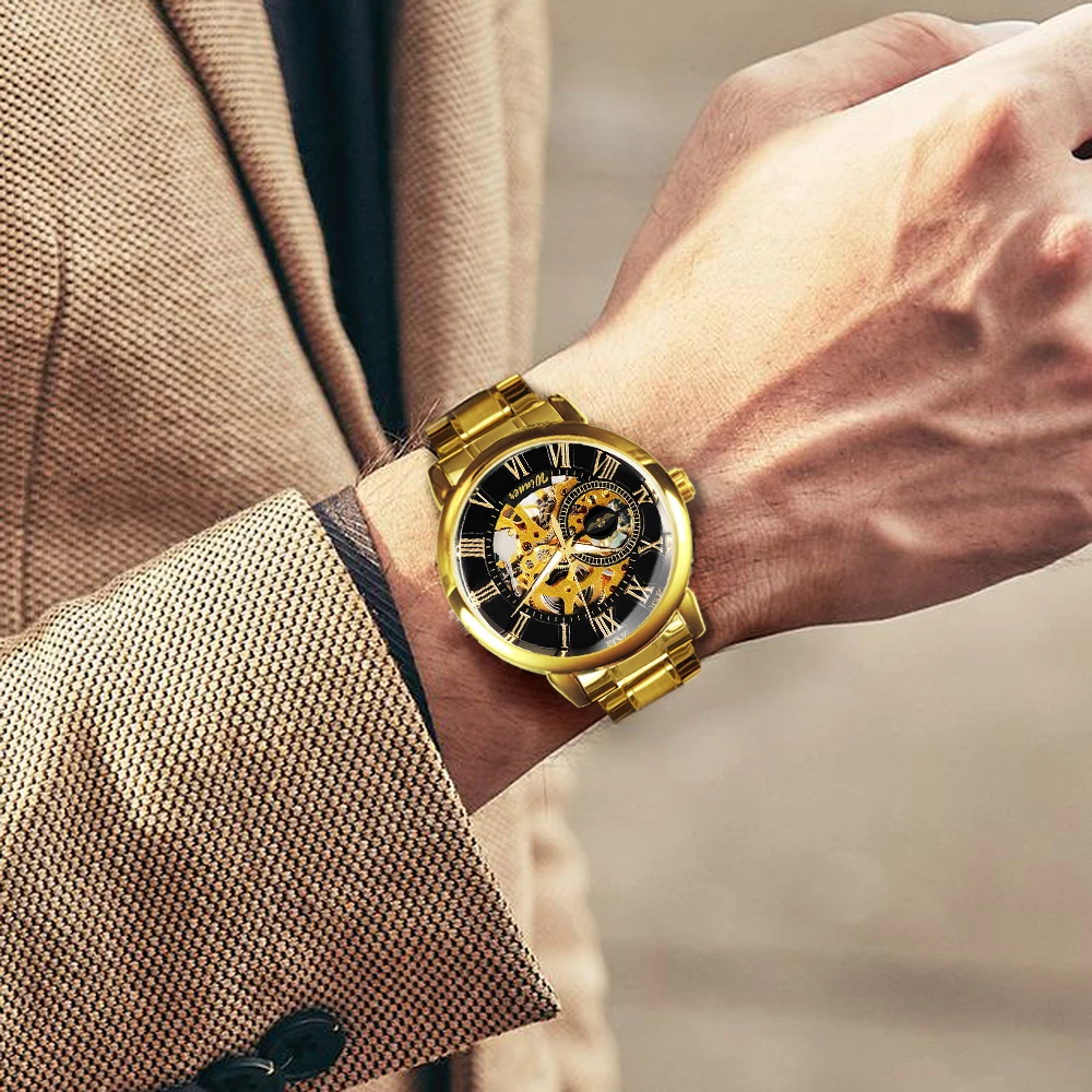 Часы наручные WINNER Мужские механические брендовые Роскошные модные золотистые с