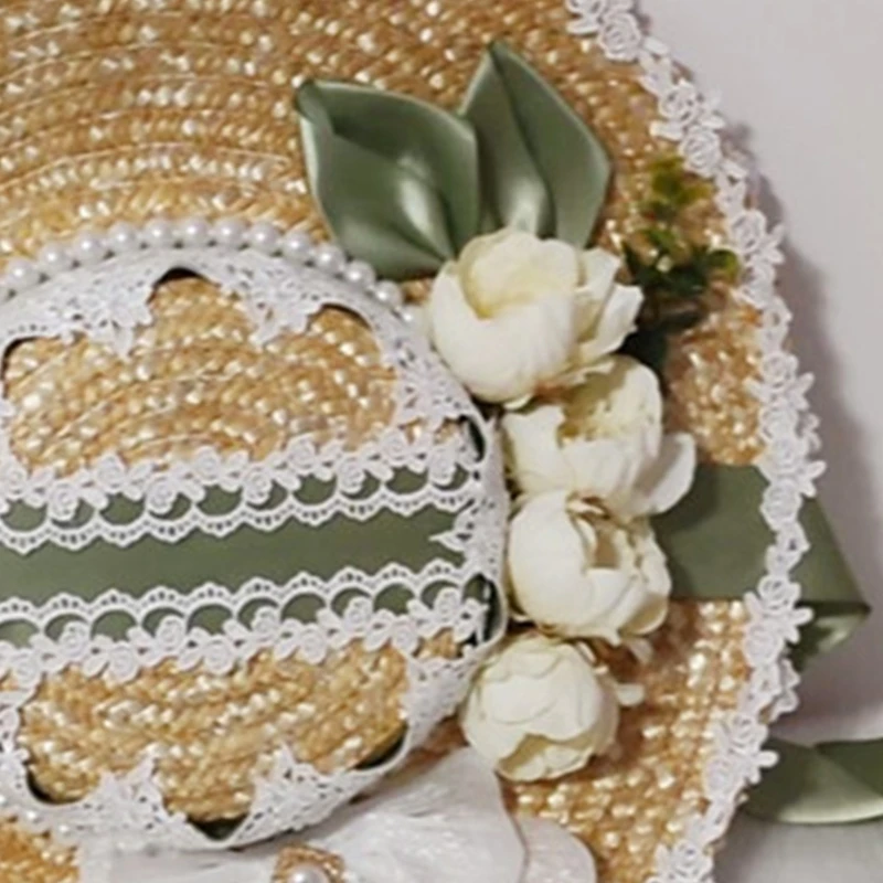 

Women Girls Straw Cap Lolita Lightweight Caps Rural Girls Tea Party Hollow Lace Embroidery Lady Daily Accessories