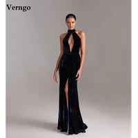 verngo dark navy velour mermaid evening dresses high neck cut out front sexy slit prom gowns long 2021 party formal dress