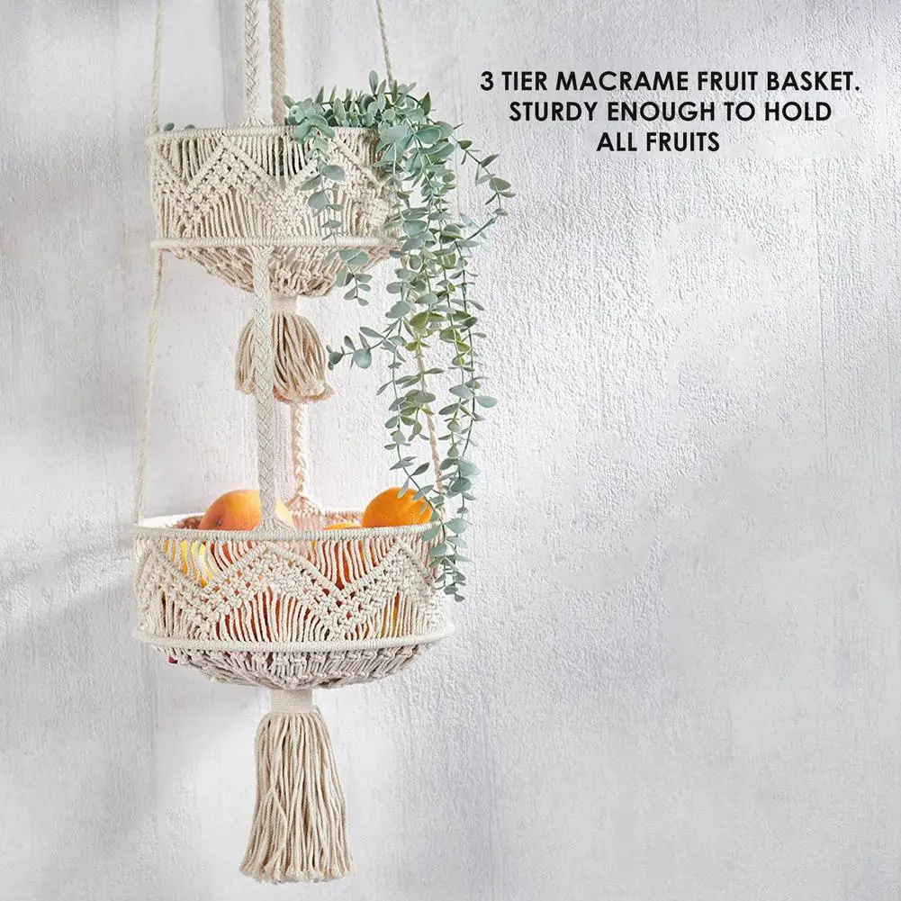 

Трехуровневая подвесная корзина для фруктов, винтажная плетеная корзина для хранения фруктов и овощей, кухонные принадлежности для эконом...