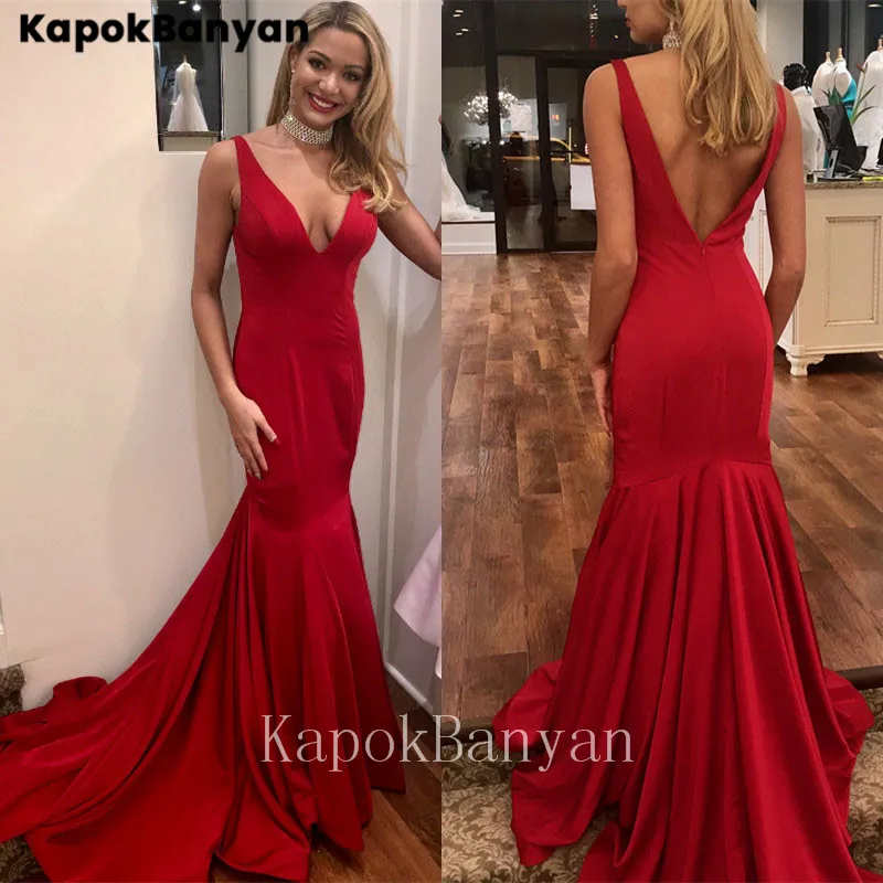 

Deep V-neck V-back Zipper Satin Mermaid Prom Dress Backless Sleeveless Formal Evening Gown