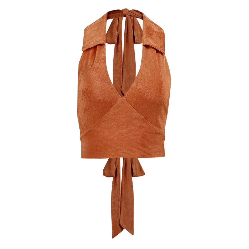 

V-Neck Sleeveless Halter Top Women Slim Elastic Ruched Sexy Backless Lace up Crop Tops Women Summer 2021 Casual Tops