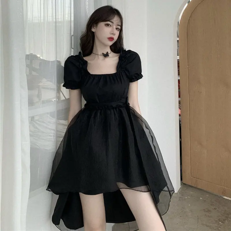 

Gothic Harajuku Goth Dress Summer Korean Style Fairy Mesh Elegant Puff Sleeve Black Dress Vintage Dresses for Women 2021
