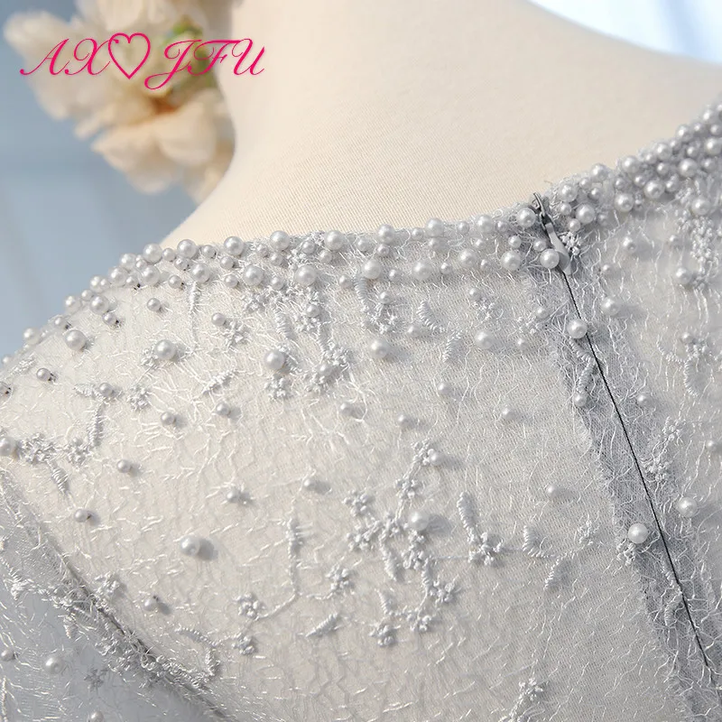 

AXJFU princess grey lace o neck Bridesmaid Dress fashion half sleeve illusion beading pearls bow a line lace up Bridesmaid Dress