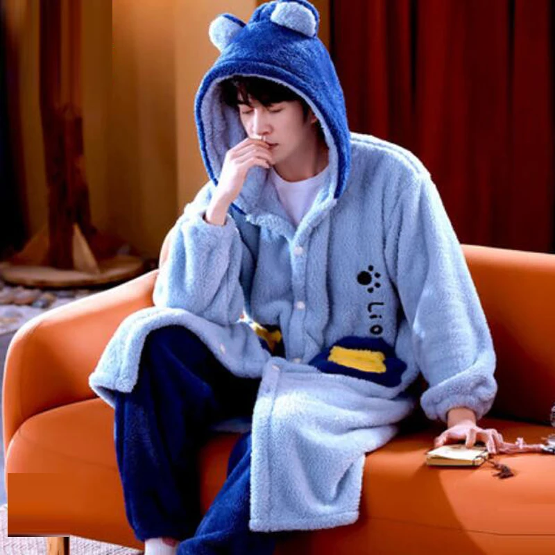 

Men Winter Warm Extra Long Flannel Robe Sets Plus Size Coral Fleece Hooded Bathrobe + Pant Pajamas Set Nightwear Home Clothes