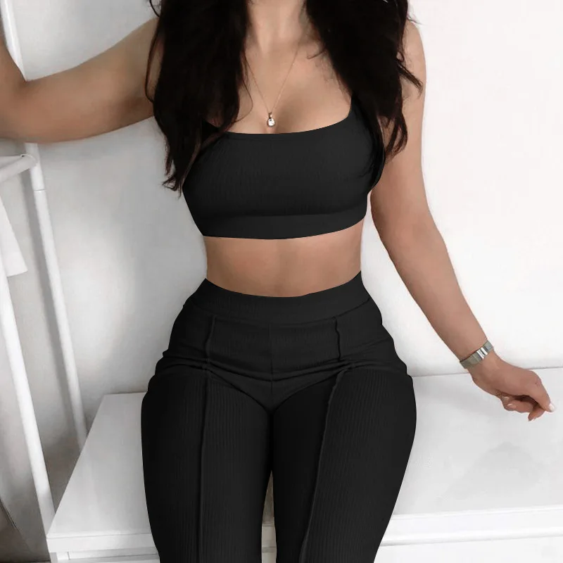 

Imcute Lounge wear Fitness Knit Rib 2 Piece Set Sexy Backless Crop Top and Pencil Pants Bodycon Tracksuit Two Piece Set Outfits
