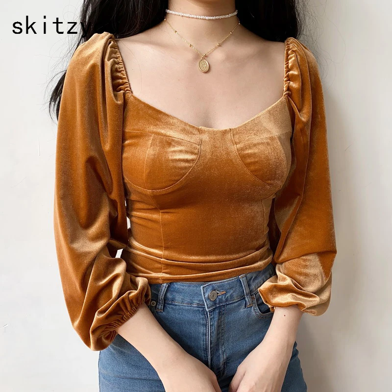 Skitzyou винтажный бархатный весенний женский сексуальный укороченный топ с длинным
