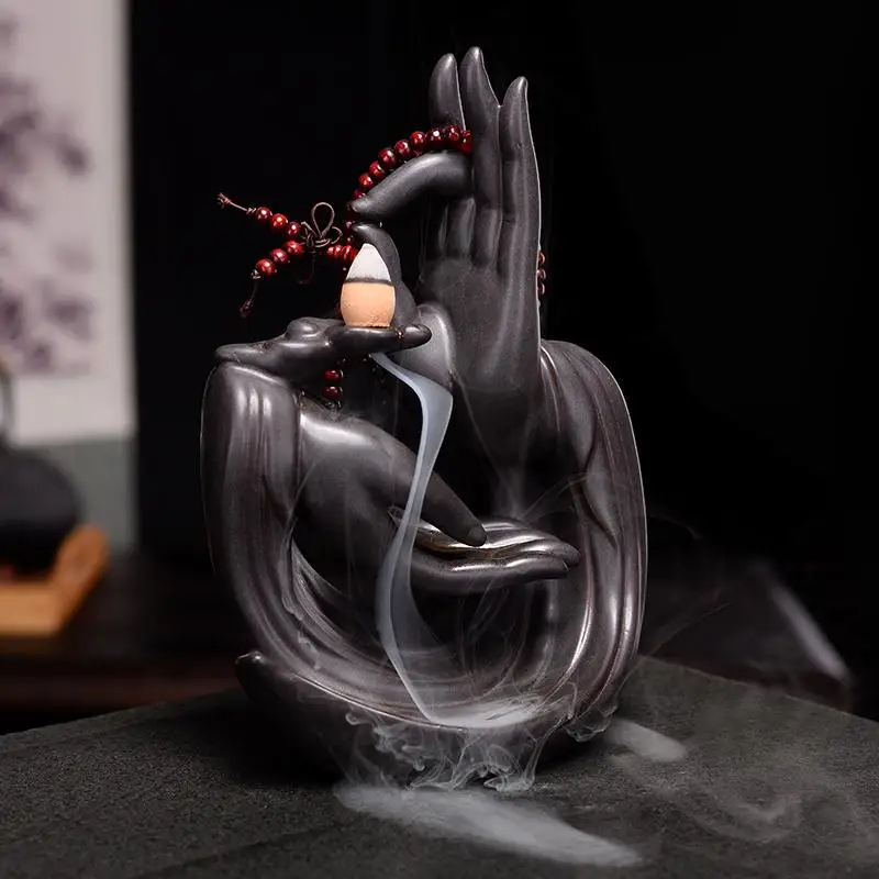 

Creative Buddha'S Hand Incense Burner Porcelain Backflow Incense Cone Holder Aromatherapy Censer Home Decor +10pcs Incense Cones