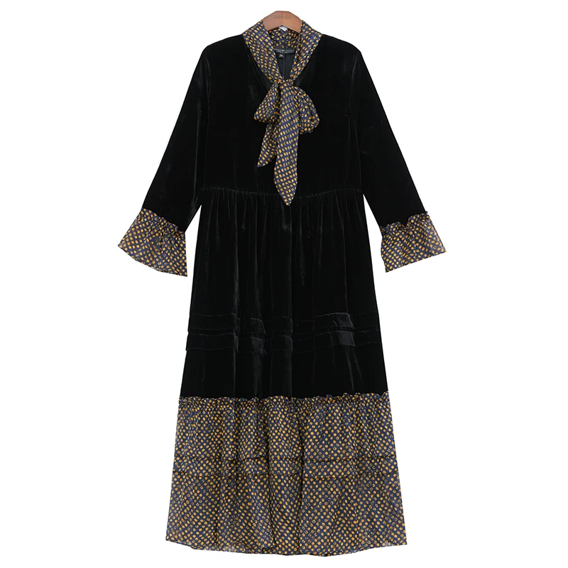 

Dot Chiffon Patchwork Black Velvet Elegant Midi Dress 2021 Autumn Winter Vintage Casual 4XL Plus Size Dress Bodycon Long Vestido