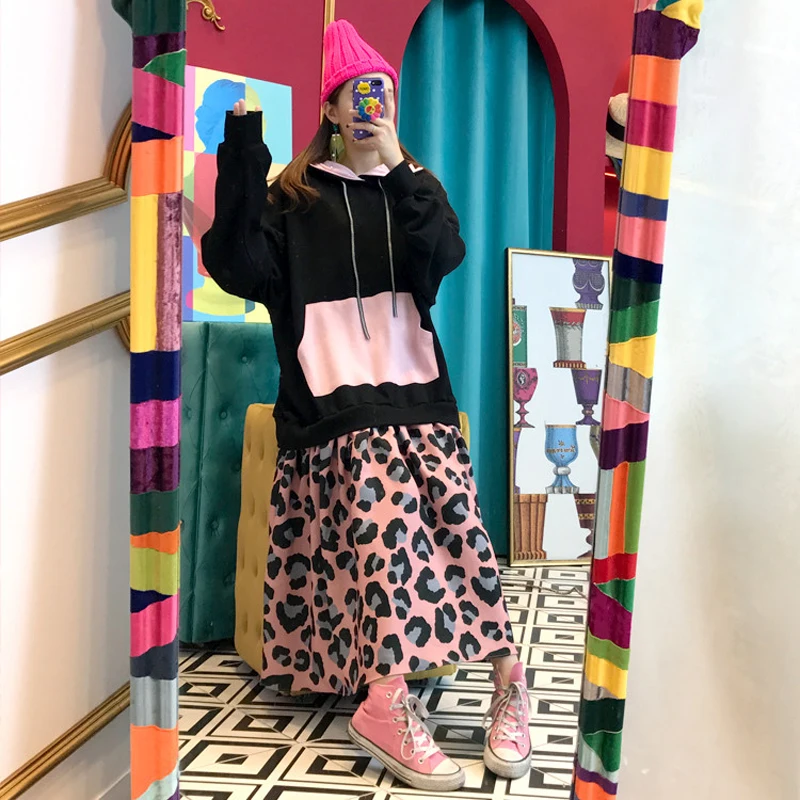 

Bornsra 2020 Autumn Korean Cotton High Street Patchwork Women Hoodies Regular O-Neck Korean Pink Sweatshirts Female