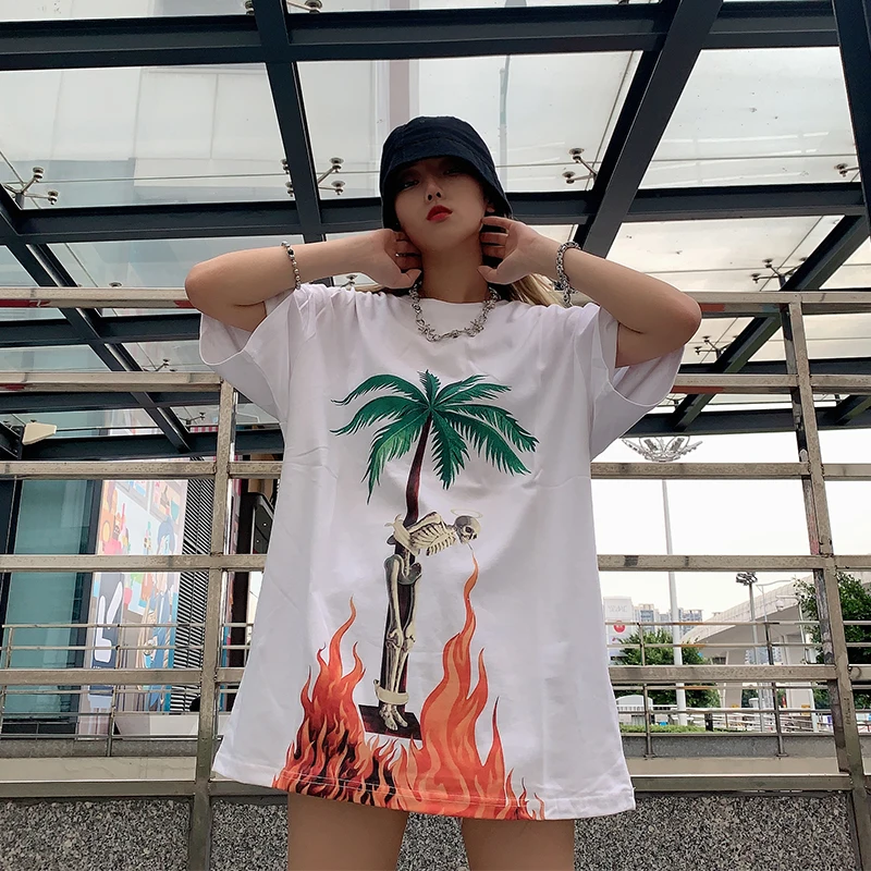 

Coconut Palm Angels Flame Skull T-shirt Men Women European American High Street Fashion Short Sleeve 0545854