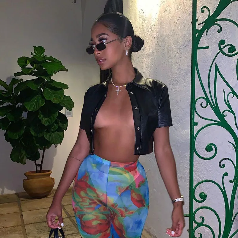 

Sexy Turn Down Color Button PU Leather Crop Top Short Jacket Sexy Streetwear Shirt Top Party Clubwear Outwear Tshirt Tee Top