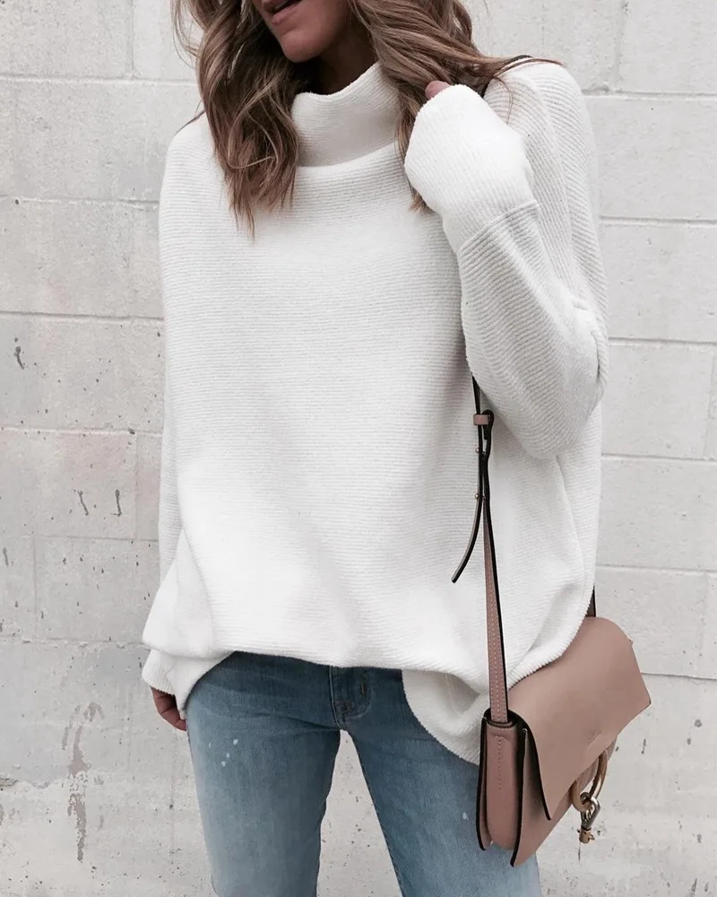 

Autumn And Winter Women's Knitted Sweater Fashion Solid High-necked Long Sleeve Loose Stripe Women's Tops Street Casual Pullover