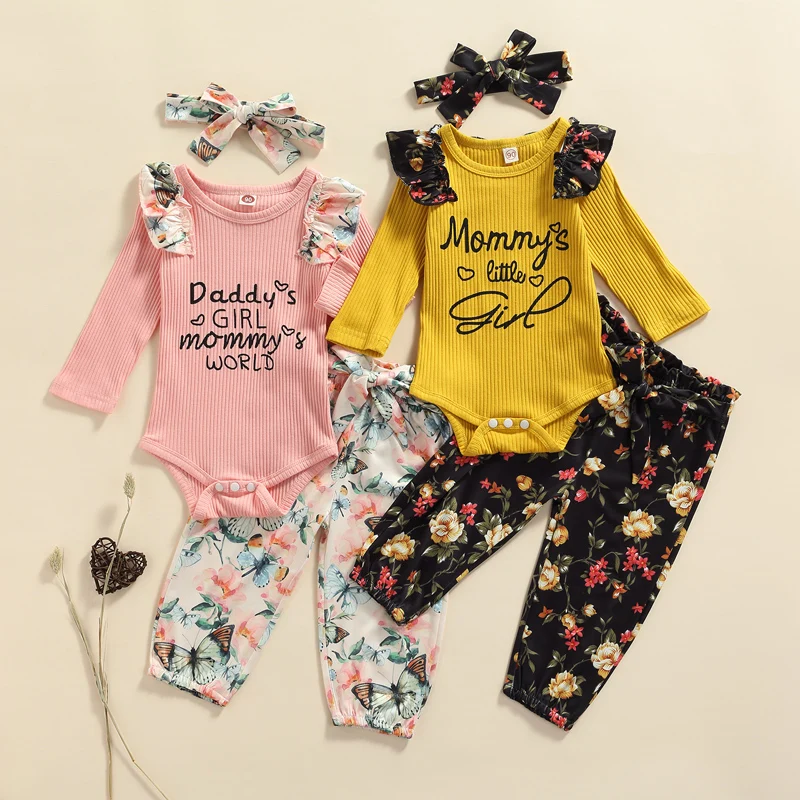 

Комбинезон Pudcoco для девочек, 3-18 месяцев, с длинным рукавом, буквенным принтом, оборками, круглым вырезом, штаны с цветочным принтом, повязка с...