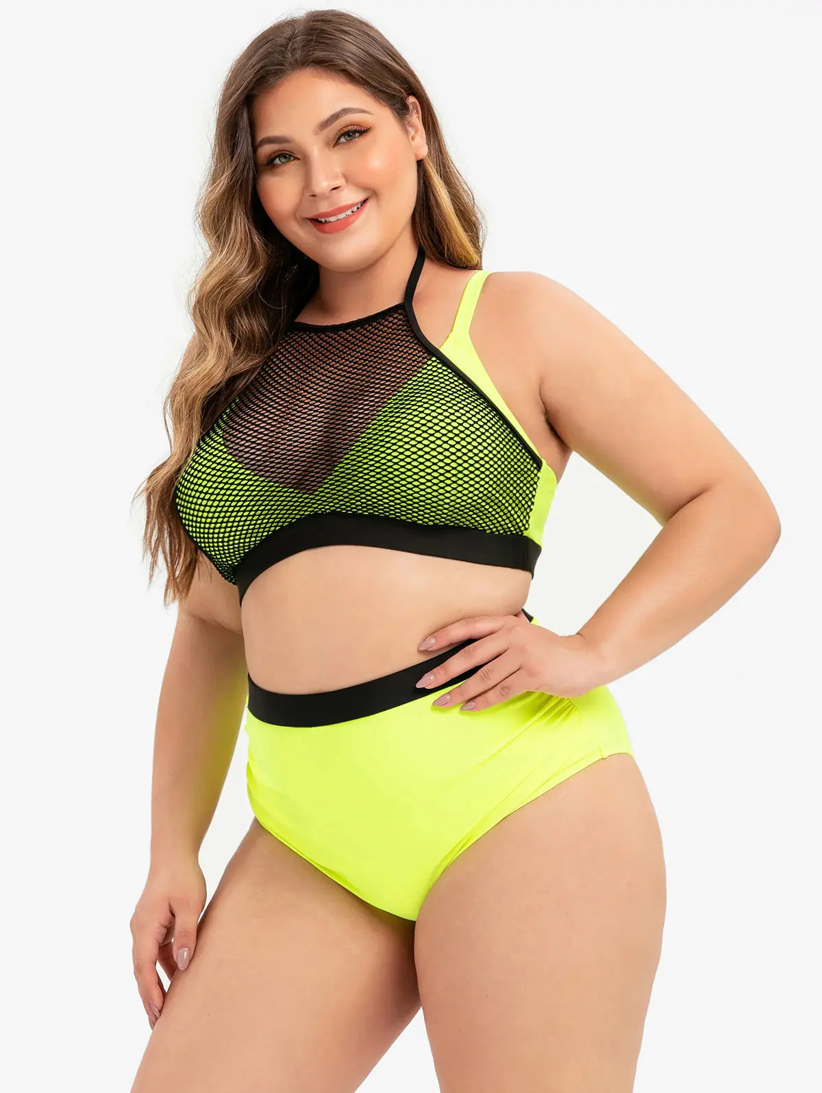

Sexy Fishnet Overlay Plus Size Ruched Bikini Swimsuit High Waisted High Rise Neon Gather Cup Bikinis 2 Pieces Woman Swimsuit