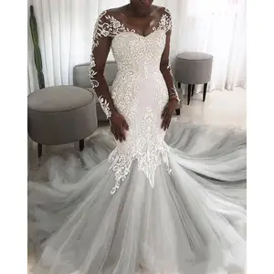 Pretty V Neck Lace Appliques Wedding Dresses Sweep Train  Vestidos de Novia Mermaid   African Bridal Gowns