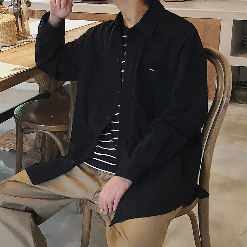 

Autumn 2019 new loose long sleeve solid color shirt youth loose extended cotton hemp Long Sleeve Shirt Men's shirt