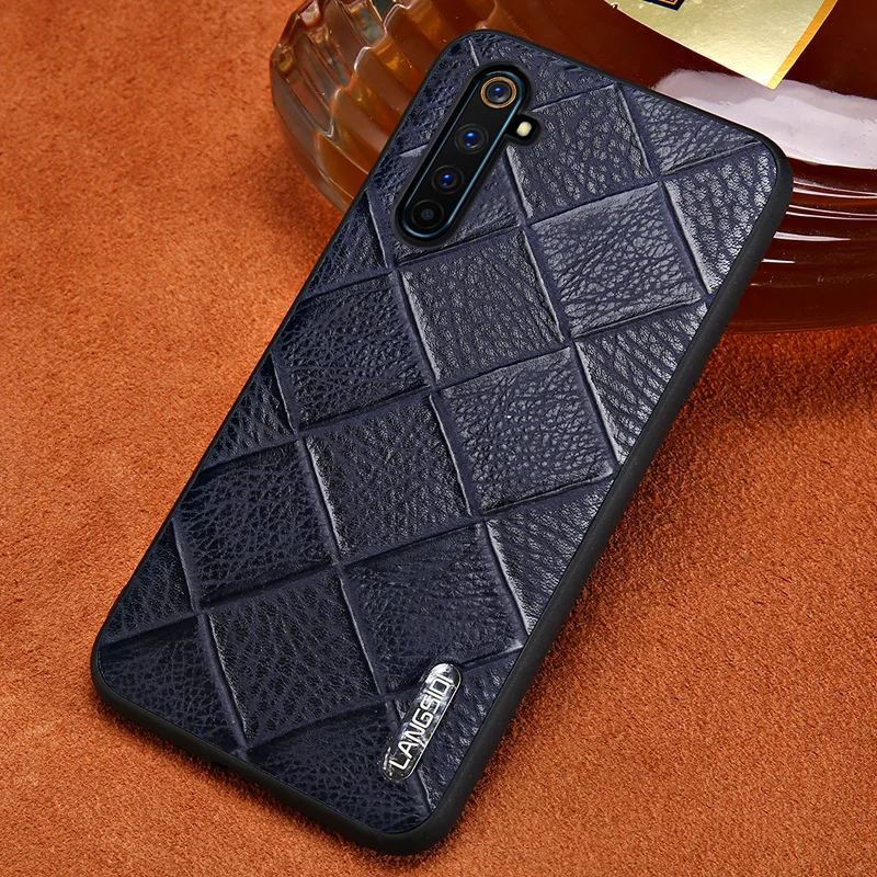 

Genuine Rhombus Leather Phone Case for 6 Pro X2 Pro X 5 7 8 Pro X50 X7 Pro GT C3 Cover For OPPO A5 A9 Reno 5 4 2 Z Find X2 X3