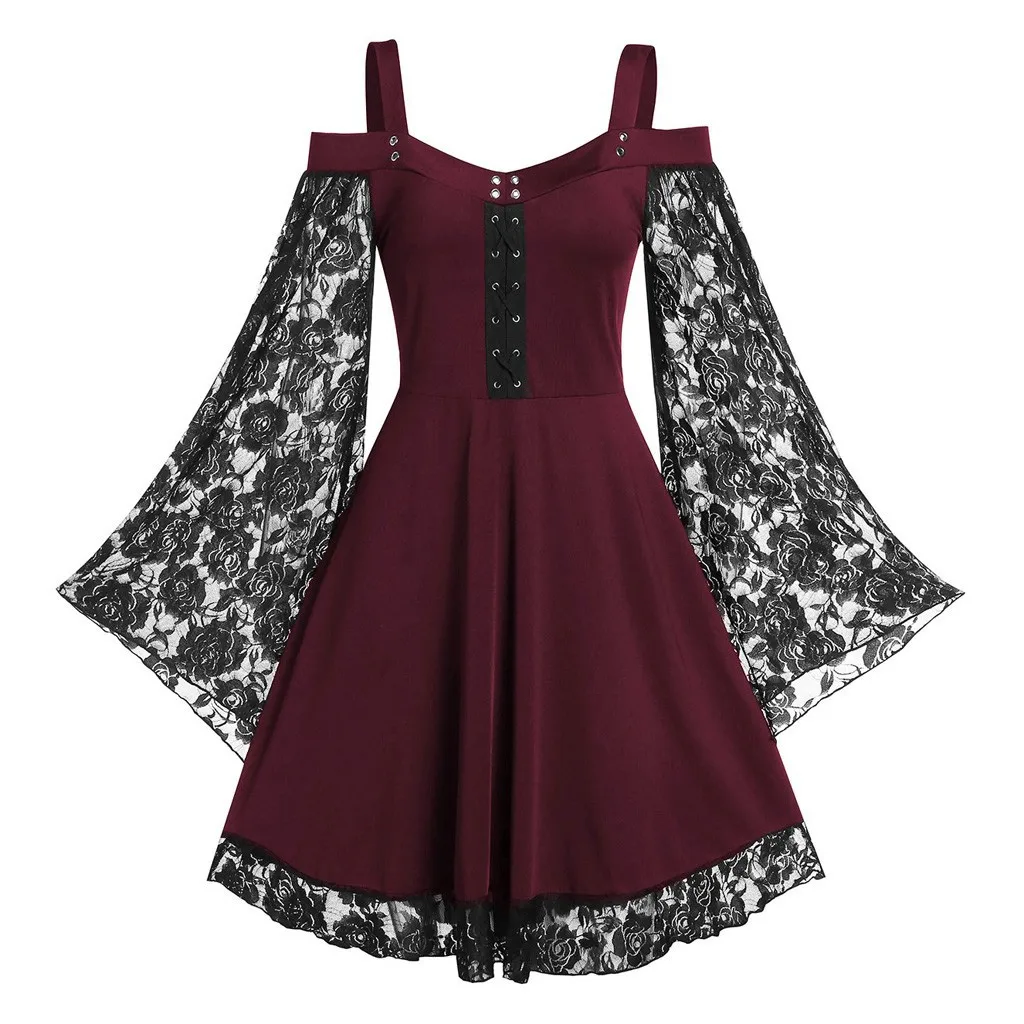 

Gothic Aesthetic Vintage Women Autumn Dresses Grunge Lace Patchwork Flare Sleeve Black A-line Dress Punk Partywear