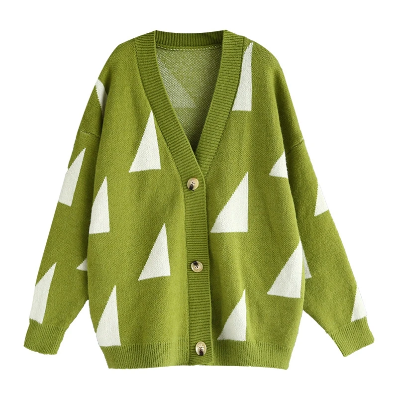Женский вязаный кардиган с геометрическим принтом повседневный однобортный