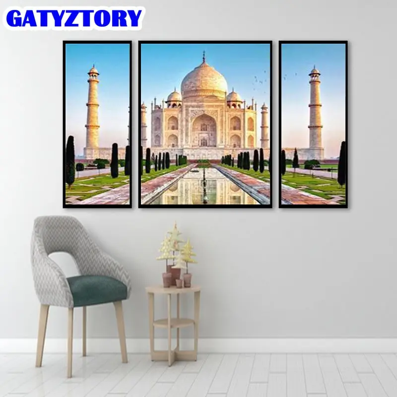 

GATYZTORY 3PC Paint By Number Taj Mahal Scenery Oil Painting Art Gift Pictures By Number Architectural Landscape Kits Home Decor