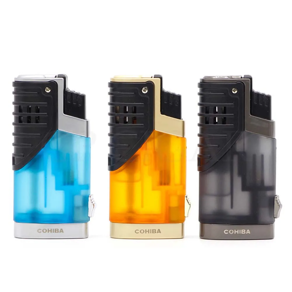 COHIBA сигарные гаджеты Пластиковые зажигалки бутан многоразовая Зажигалка для сигар ветрозащитная карманная сигарета газовая зажигалка W/Подарочная коробка