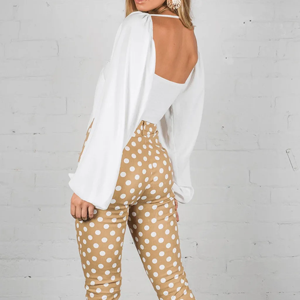 

Super Sexy White Blouse For Women Fashion Women Casual Solid Bow Lantern Long Sleeve Bandage V-Neck Tops blusa feminina