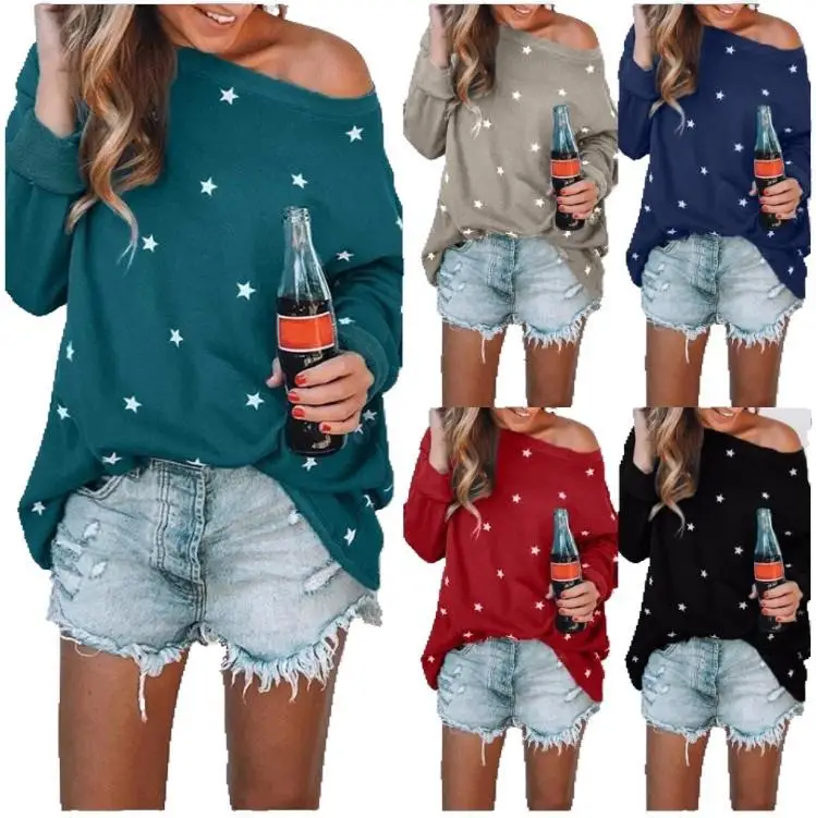 Осень женская футболка с длинным рукавом звезда открытыми плечами Хлопок