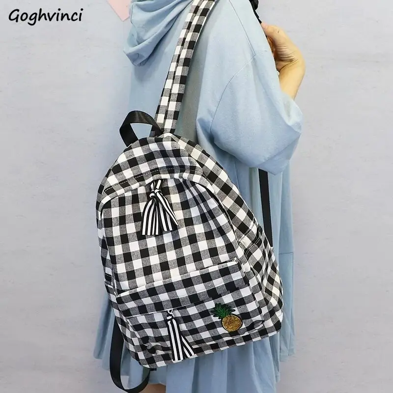 

Large Capacity Backpacks Women Students Plaid Canvas School Bags Versatile Fashion Soft Sequins Pineapple Preppy Style Casual