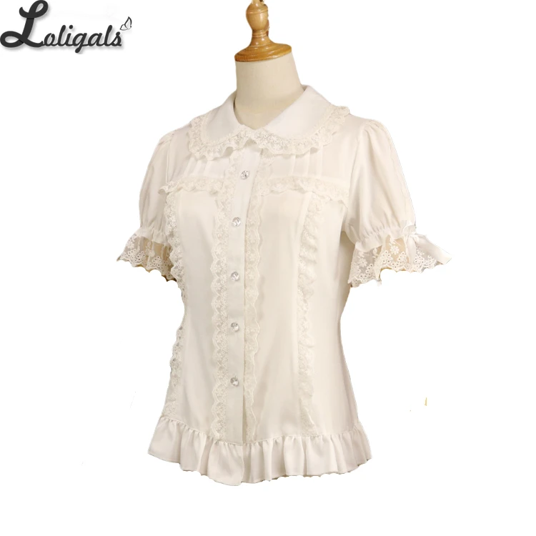 Ladies Short Sleeve Chiffon Blouse White/Black Lolita Button Down Shirt with Detachable Sleeves