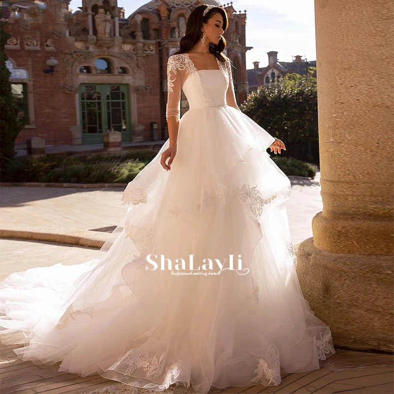 

Женское свадебное платье с открытой спиной, кружевное платье невесты с квадратным вырезом и оборками, свадебное платье большого размера