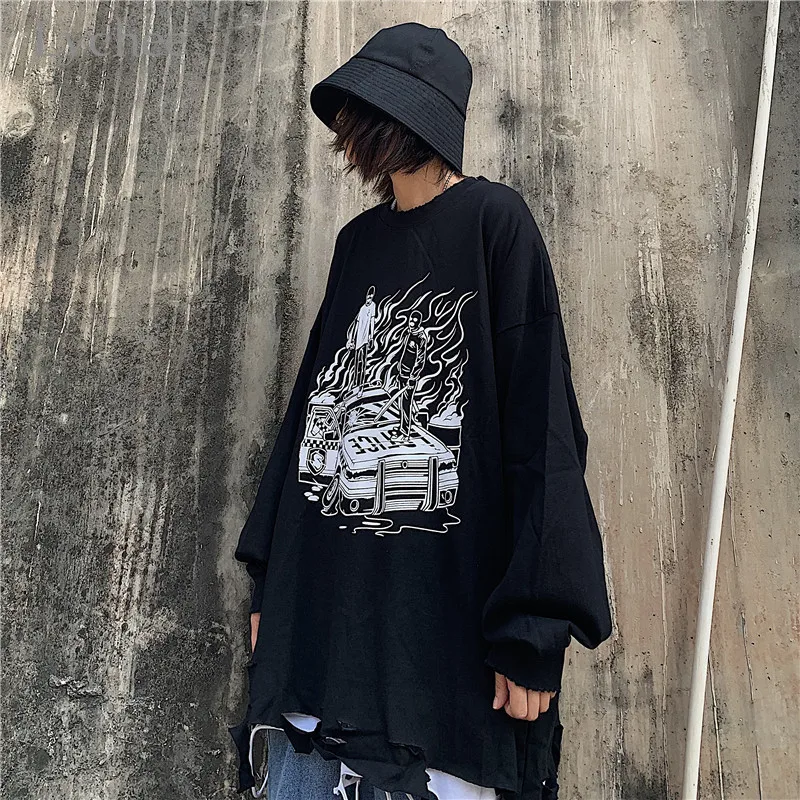 Lychee Harajuku Свободные повседневные женские толстовки с круглым вырезом топ с принтом пламени отверстие Женская Толстовка Топы весна осень женские пуловеры