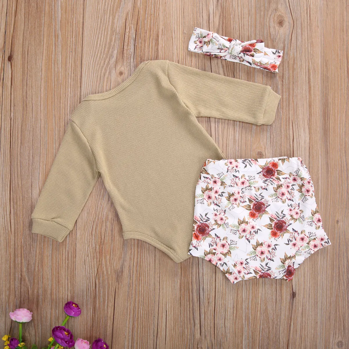 

Infant Girls 0-18M Clothes Sets Solid Knit Long Sleeve Romper Tops Flowers Shorts Headband