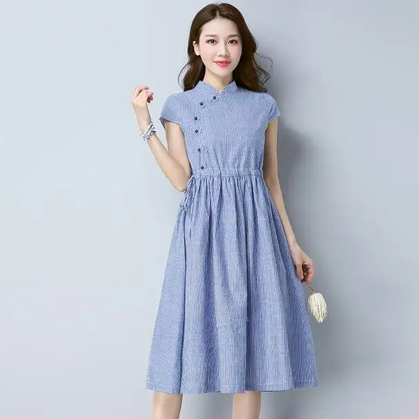 Женское платье в полоску из хлопка и льна большого размера винтажное для девочек