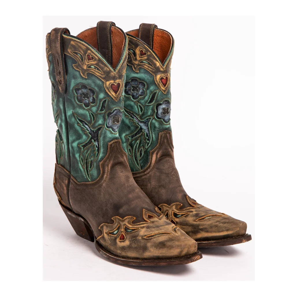 

Women Vintage Blue Bird Snip Toe Western Boots