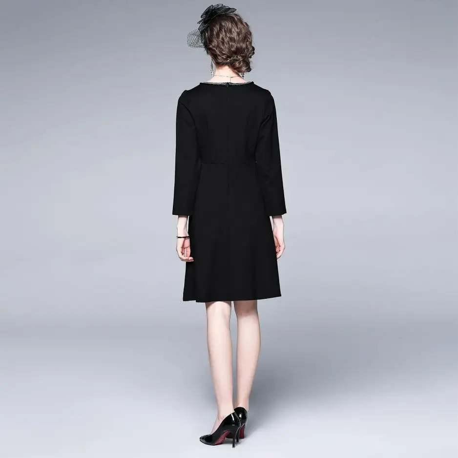 

High End Dress 2021 Spring Autumn Women Wheat Ears Vintage Retro Elegant V-Neck Black Dress