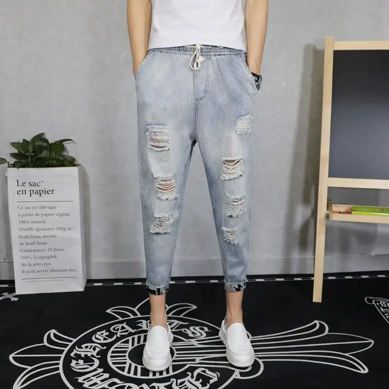 

2020 summer wear hole jeans men's fashion brand light color nine point casual pants