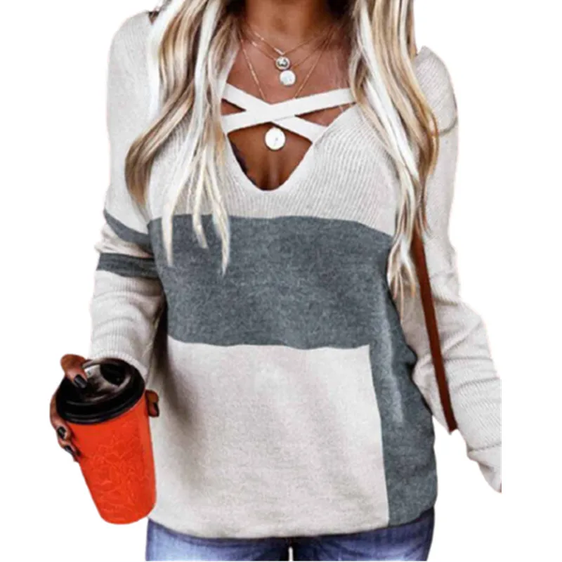 

Criss-Cross V Neck Casual Women Pullovers Sweaters Contrast Printing Knitwear Sweater Long Sleeve Jumper Tops Winter New Sweater