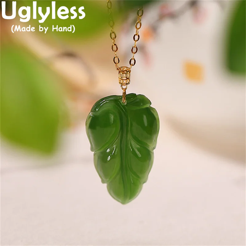 

Uglyless AU750 Real 18K Gold Necklaces for Women Natural Hotan Jade Jasper Leaf Pendants Gemstone Genuine Gold Jewelry NO Chain