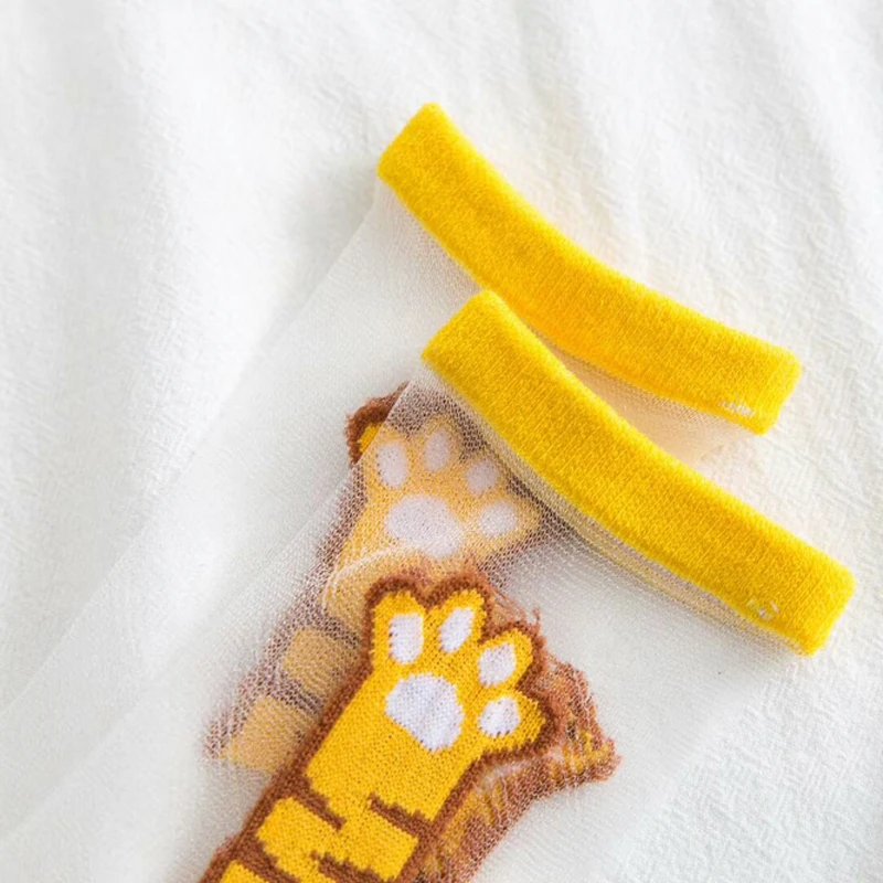 

Kawaii Cat Paw Women Socks Embroidered Transparent Animal Paws Lady Socks Breathable Summer Crystal Mid Socks Femme Drop Ship