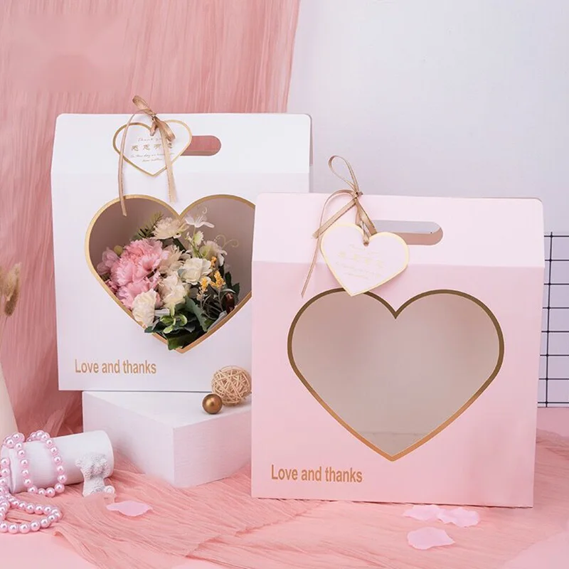 Portable Flower Boxes Handy Gift Bag Kraft Handbag Box Packaging For DIY Wrapping Transparent Heart Shape Party | Дом и сад