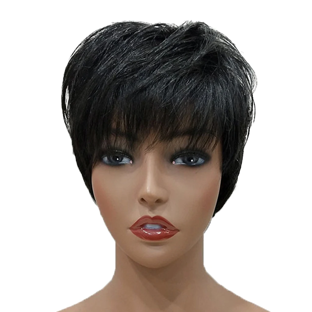 

Women Real Human Hair Wig Black Layered Straight Wig Hairpieces Safe