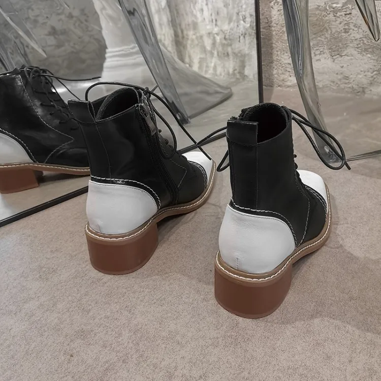 

MLJUESE 2021 women soft ankle boots cow leather lace up boots winter short plush square toe high heels women boots